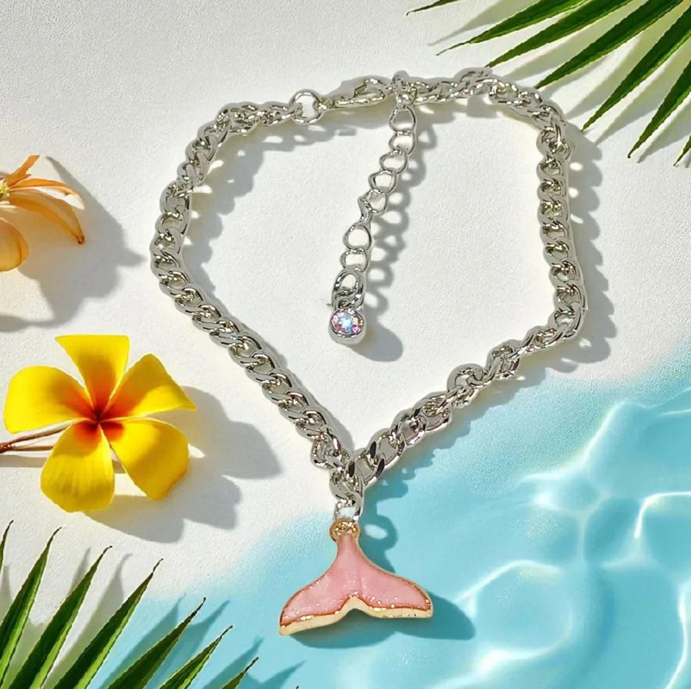 White Gold Ankle Bracelet with Pink Mermaid Tail Preppy Oceancore Seaside Beachy